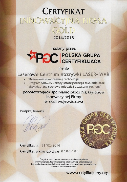 Innowacyjna Firma Gold dla LASER-WAR