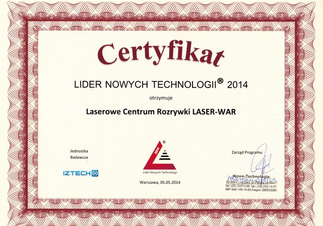 Lider Nowych Technologii 2014 dla LASER-WAR